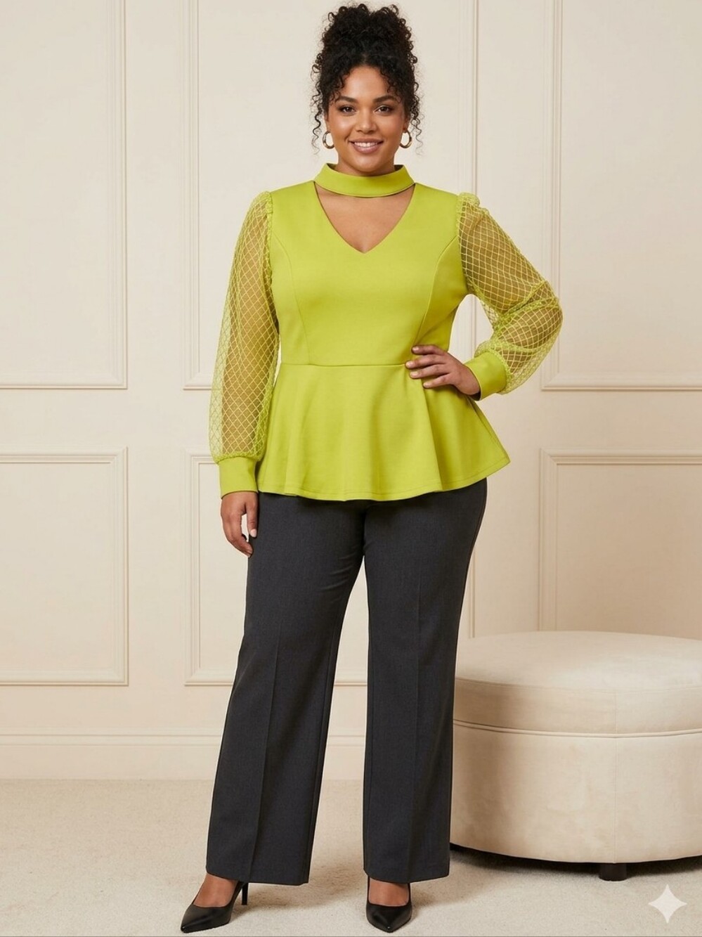 Ashley Stewart Neon Lime Peplum Blouse with Sheer Diamond Sleeves Size 18/20 New